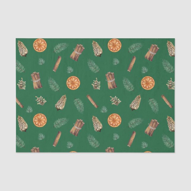 Christmas Orange Spice, Pine, Pinecones Green  Tissue Paper (Front)