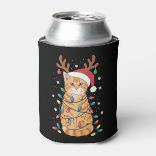 Christmas Orange Tabby Cat Reindeer Antlers Lights Can Cooler