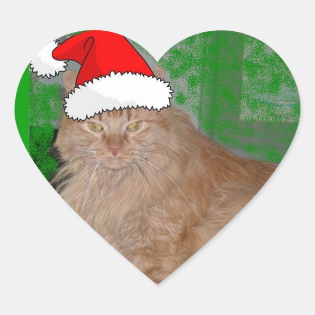 Christmas Orange Tabby Kitty Cat Heart Sticker (Front)