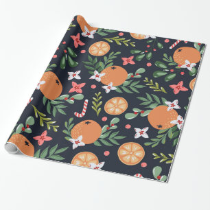 Christmas Oranges Candy Canes and Greenery Wrapping Paper