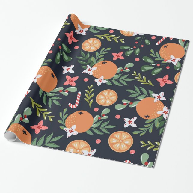 Christmas Oranges Candy Canes and Greenery  Wrapping Paper (Unrolled)