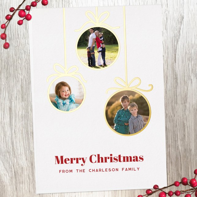 Christmas Ornament 3 Photo (Three photo foil Christmas ornament personalized holiday card)