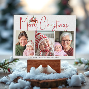 Christmas ornament and red bow three photo collage holiday card