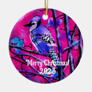 Christmas Ornament - Blue Jay Pink Abstract Art