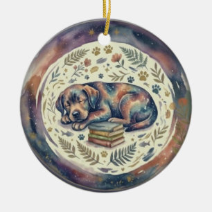 Christmas Ornament Dog Sleeping with Books