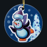 Christmas ornament double sided penguin/snowman<br><div class="desc">Christmas ornament double sided penguin/snowman Christmas hanging decoration with Snowfolk Winter Wonderland snowboarder. Winter Wonderland snowmen and Christmas penguin. Loveable wintery snowmen and snowgirl characters playing their instruments in a Christmas band. Also check out the matching wintery characters with sledging snowgirls, skiing snowmen and skating snowmen. A lovely illustrated original...</div>