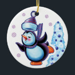 Christmas ornament double sided penguin/snowman<br><div class="desc">Christmas ornament double sided penguin/snowman Christmas hanging decoration with Snowfolk Winter Wonderland snowboarder. Winter Wonderland snowmen and Christmas penguin. Loveable wintery snowmen and snowgirl characters playing their instruments in a Christmas band. Also check out the matching wintery characters with sledging snowgirls, skiing snowmen and skating snowmen. A lovely illustrated original...</div>