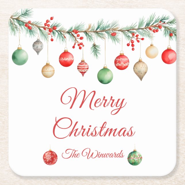 Christmas Ornament Exchange Party Garland Square Paper Coaster (Front)