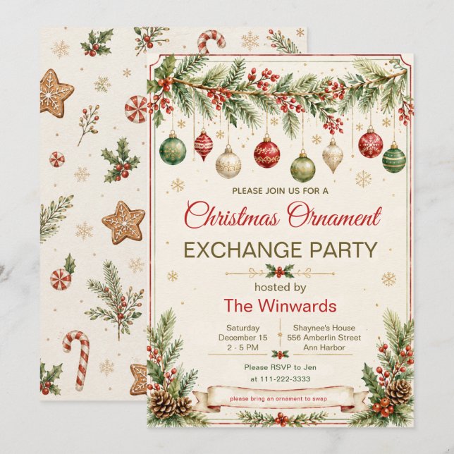 Christmas Ornament Exchange Party Invitation (Front/Back)