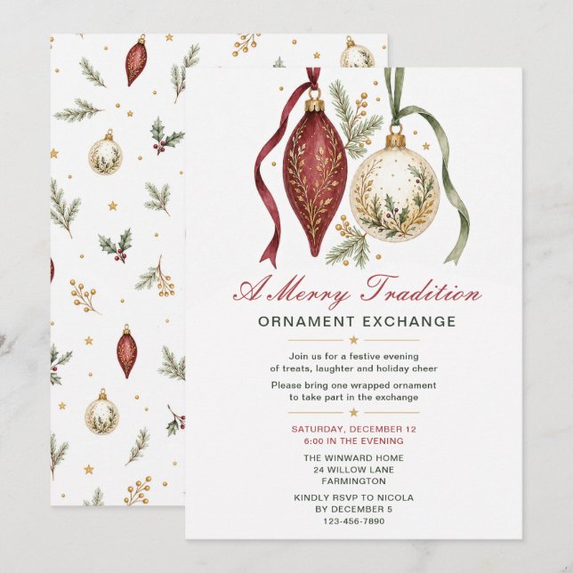 Christmas Ornament Exchange Party Invitation (Front/Back)