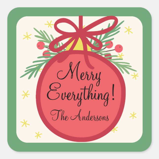 Christmas Ornament Holly Berries and Pine Gift Square Sticker (Front)
