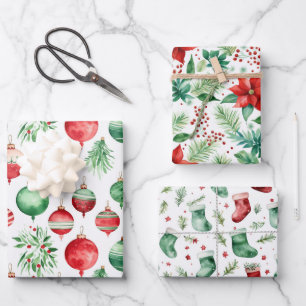 Christmas Ornament Holly Berry Stocking Holiday Wrapping Paper Sheet