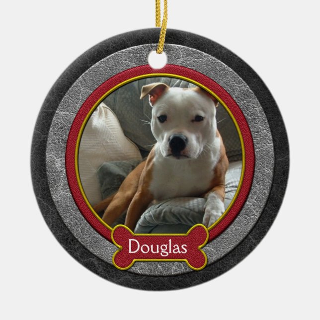 Christmas Ornament Pet Photo Leather Red Gold (Front)