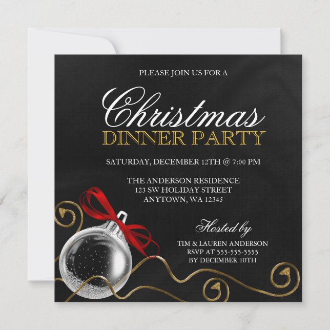 Christmas Ornament Red Bow Dinner Party Invitation (Front)