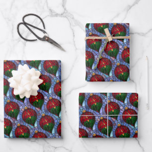Christmas Ornament Red Green Blue Stained Glass  Wrapping Paper Sheet