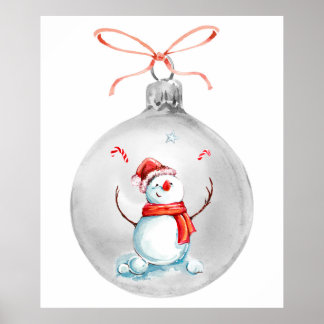 Christmas ornament snow man watercolor poster
