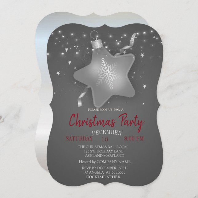 Christmas Ornament Star Silver Party Invitation (Front/Back)