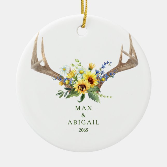 Christmas Ornament Sunflowers Antlers Couple Names (Front)