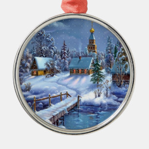 Christmas Ornament-Vintage Winter Scene    Metal O Metal Tree Decoration