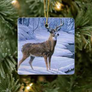 Christmas Ornament-Winter Deer Scene  Ceramic Ornament