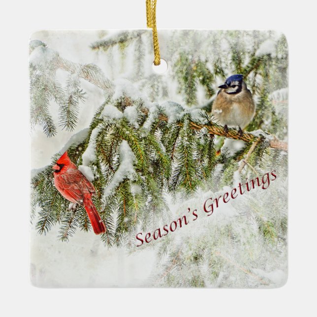Christmas ornament with cardinal and blue jay (Front)