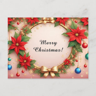 Christmas Ornament Wreath 🎄✨ Poinsettia Ribbon Holiday Postcard