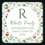 Christmas Ornaments Address Classic Round S Square Sticker<br><div class="desc">Monogram Letter Family Name envelope seal stickers. Fun Christmas holiday pattern. Script font highlights with easy to read serif name font. Easy to adjust for your own needs.</div>