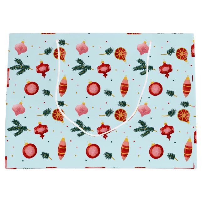 Christmas Ornaments and Fir Branches Blue  Large Gift Bag (Front)