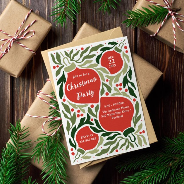 Christmas Ornaments and Foliage Holiday Party Card (Christmas Holiday Party Invitation with extra text on the back. Perfect for ornament exchange party)