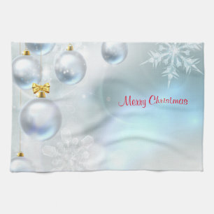 christmas ornaments and snowflakes tea towel