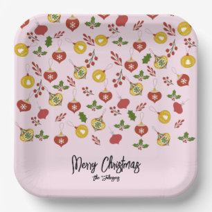 Christmas Ornaments Festive Greenery Pink Paper Plate