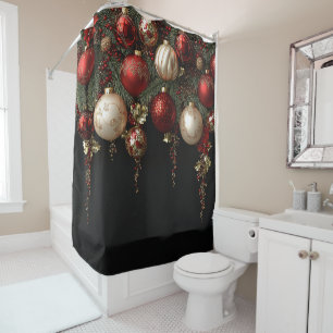 Christmas Ornaments Gold Holly Pine Branches Shower Curtain