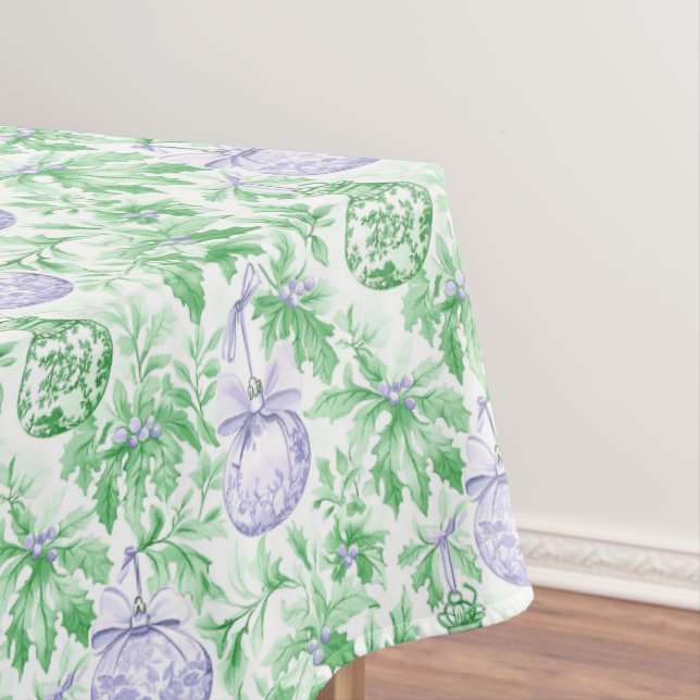 Christmas ornaments green purple toile paper tablecloth (In Situ)