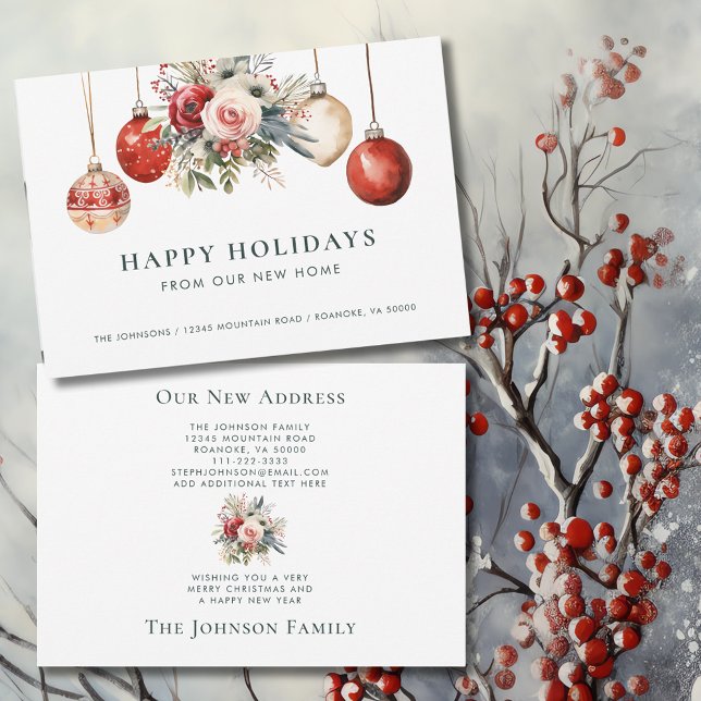Christmas Ornaments Holiday Floral New Home   Announcement (Christmas Ornaments Holiday Floral New Home Announcement Flat Card with Envelope)