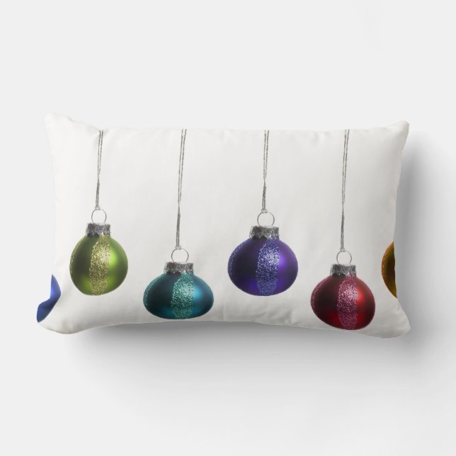 Christmas Ornaments in Teal Purple Red Green Gold Lumbar Cushion (Front)