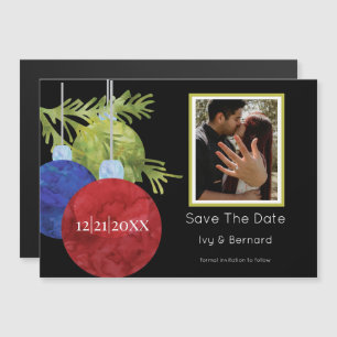 Christmas Ornaments on Black Photo Save the Date Magnetic Invitation