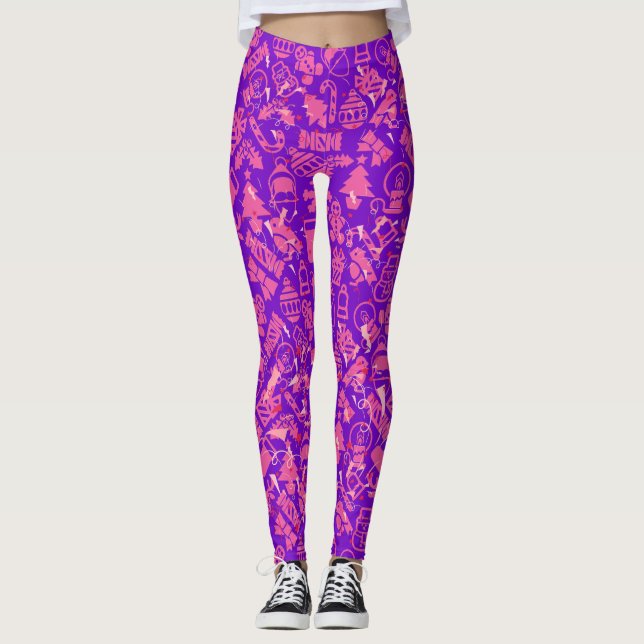 Christmas ornaments pattern.pink.07 B Purple BG Leggings (Front)