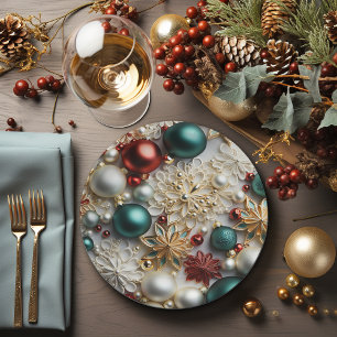 Christmas Ornaments Pearls Gold Red Beads Paper Plate