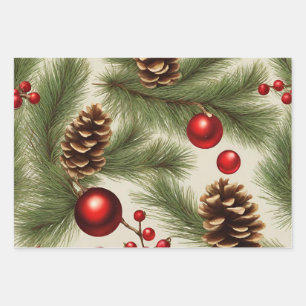 Christmas Ornaments, Pine Cones, Pine Branches Wrapping Paper Sheet
