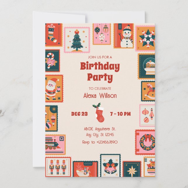 Christmas ornaments postage stmap birthday  invitation (Front)