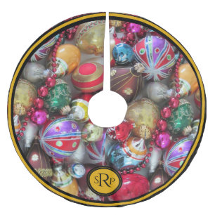 Christmas Ornaments with Beads and Monogram Brushed Polyester Tree Skirt