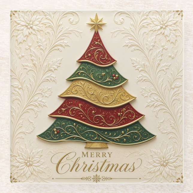 Christmas Ornate Gold Enamel Tree Glass Coaster (Front)