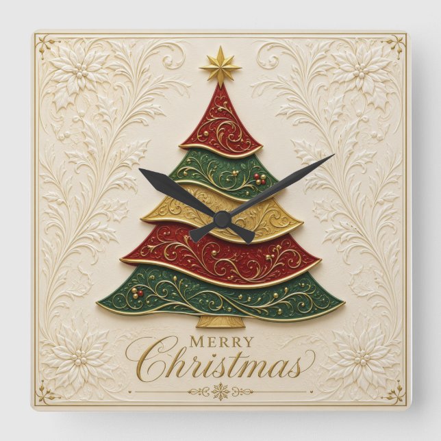 Christmas Ornate Gold Enamel Tree Square Wall Clock (Front)