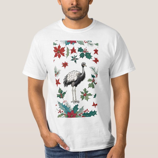 Christmas Ostrich And Poinsettias T-Shirt (Front)