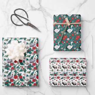 Christmas Ostriches And Poinsettias Wrapping Paper Sheet