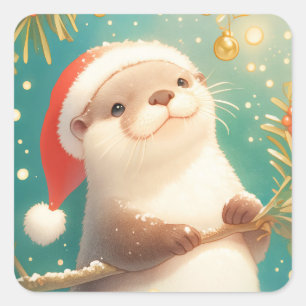 Christmas Otter in Santa Hat with Holly Berries Square Sticker