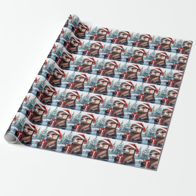Christmas Otter Wrapping Paper (Unrolled)