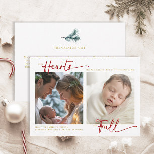 Christmas Our Hearts Red Gold Family Baby 2 Photos Holiday Card