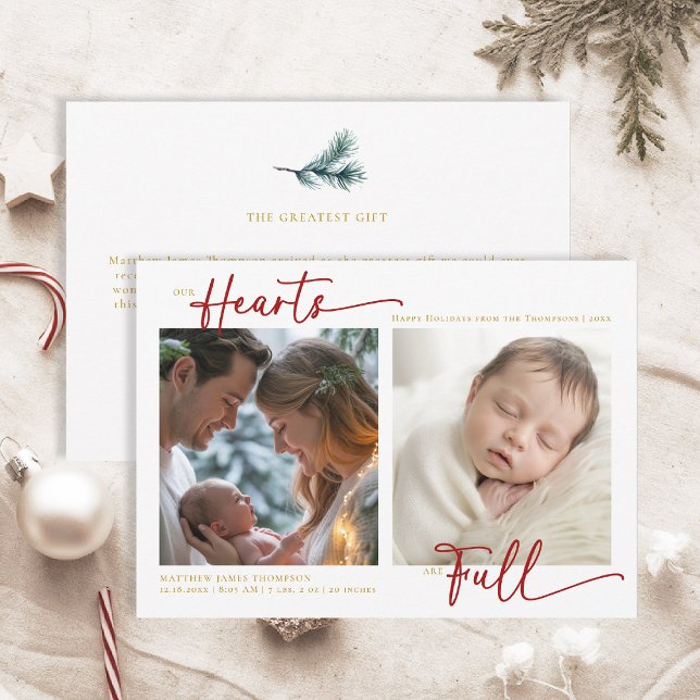 Christmas Our Hearts Red Gold Family Baby 2 Photos Holiday Card (christmas family card baby announcement card chic calligraphy simple elegant 2 photos red gold)