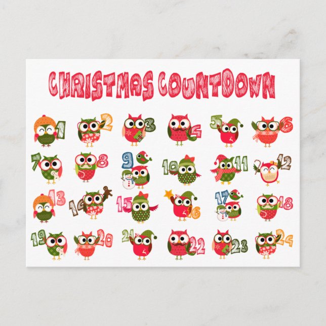 Christmas Owl Advent Countdown Holiday Postcard (Front)